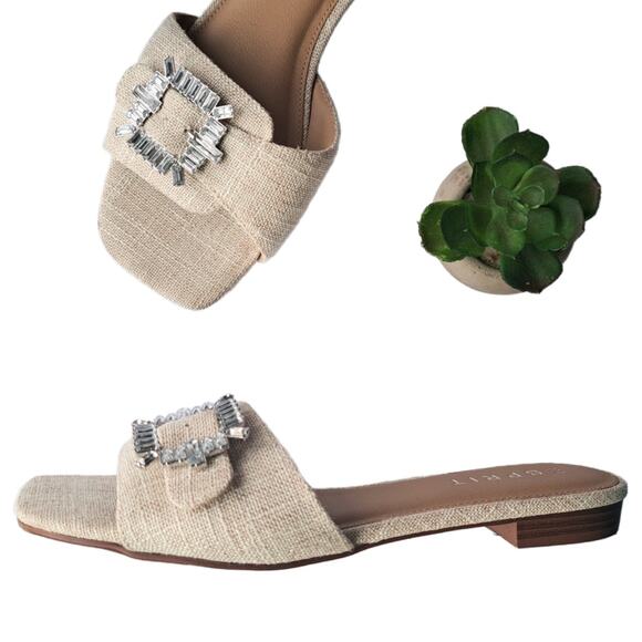 ESPRIT Averie Slide Sandal Size 9 Rhinestone Buckle Flat Natural Linen Beige - Picture 1 of 8